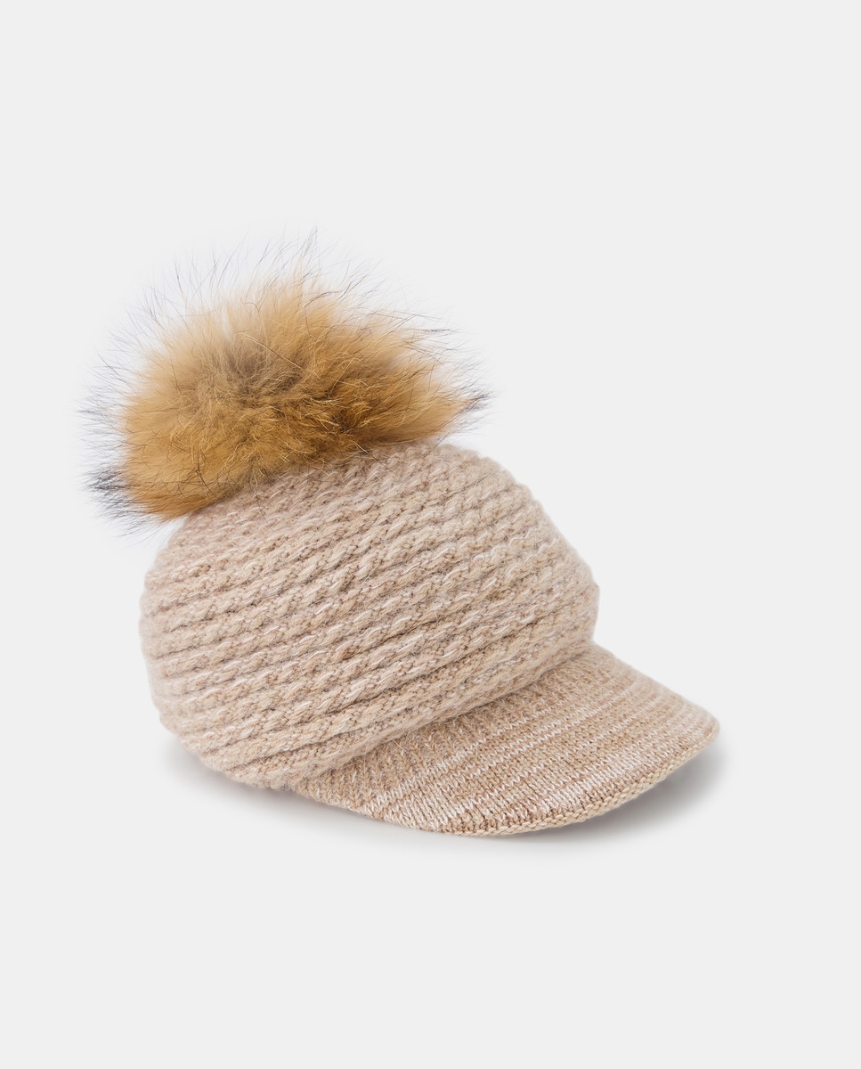 Boné de malha bege com pompom de pêlo Bege-1