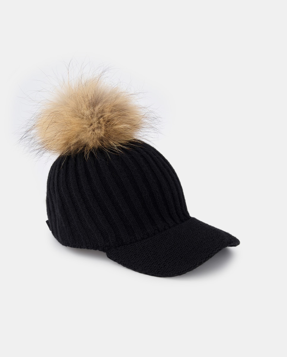 Boné de malha preto com pompom de pêlo Preto-1