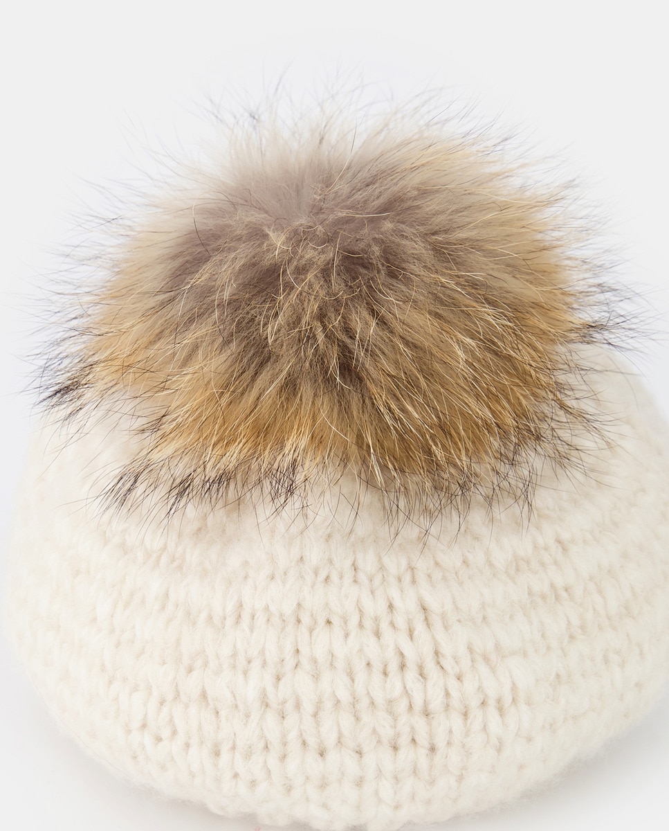 Boina de Malha com Pompom de Pelo - Creme Creme-2