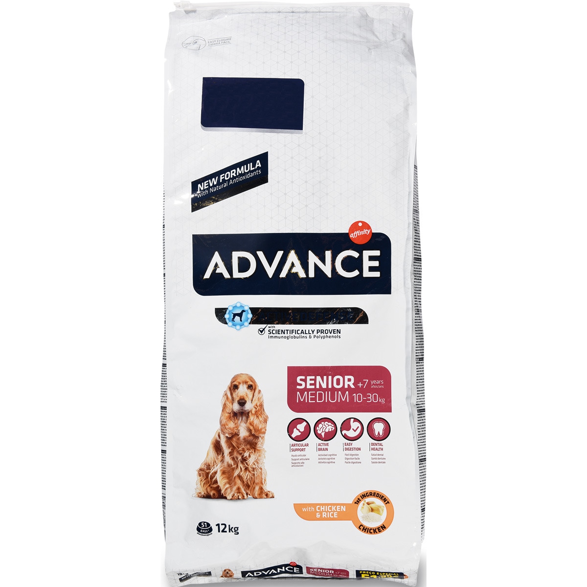 Ração para Cão Médio +7 Anos com Frango e Arroz embalagem 12 kg