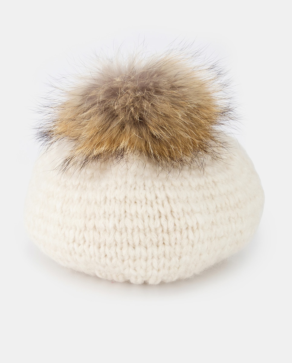 Boina de Malha com Pompom de Pelo - Creme Creme-1