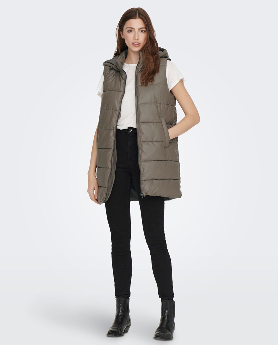 Veste longue sans manches matelassée à capuche