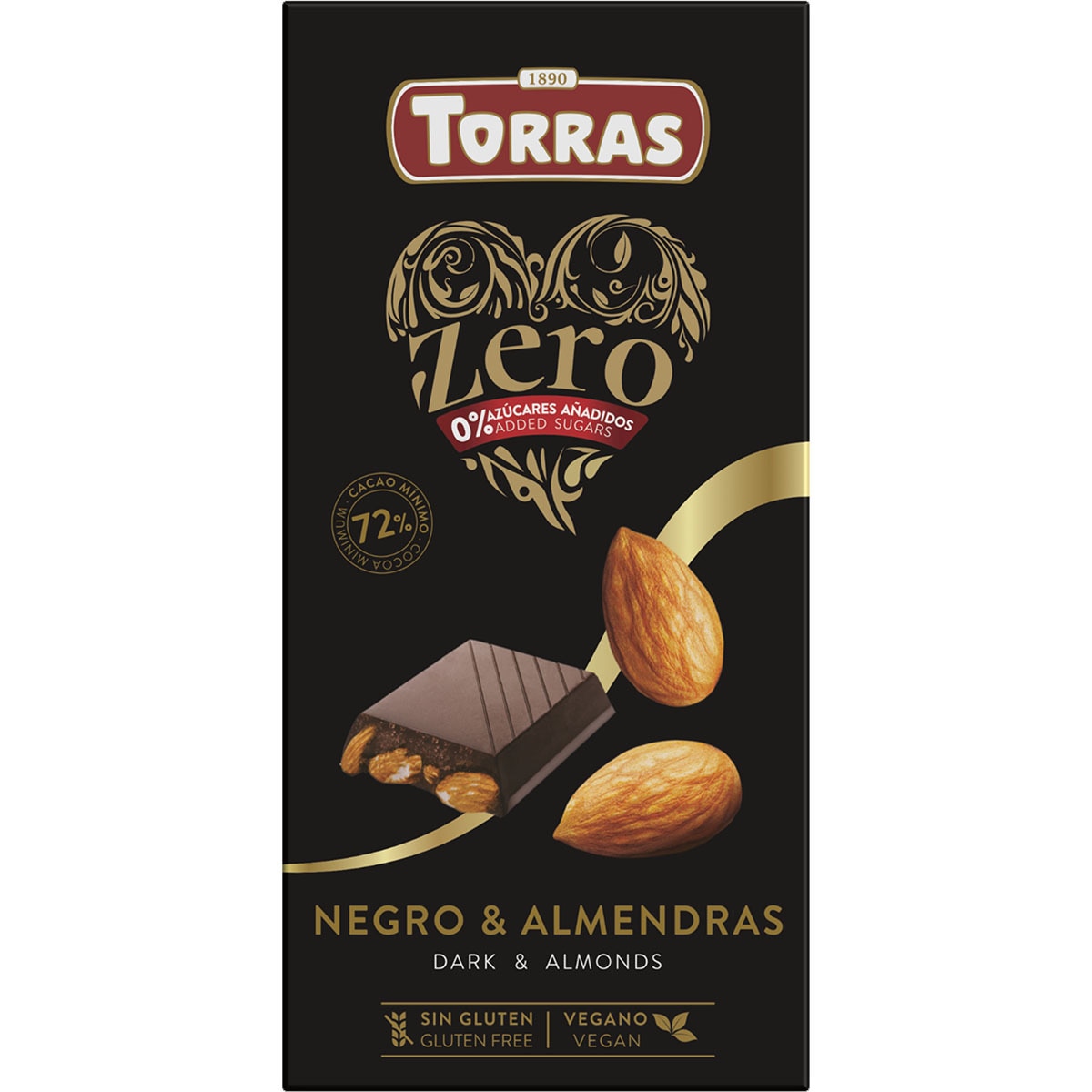 Zero chocolate negro 72% cacao con almendras sin gluten 0% azúcares añadidos tableta 150 g