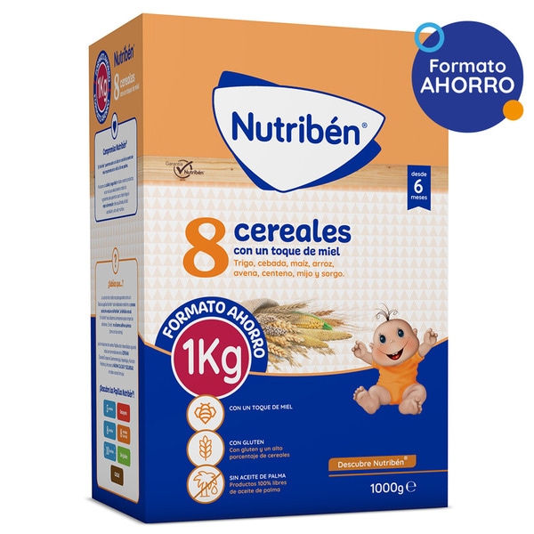 papilla instantánea de 8 cereales con un toque de miel de fácil disolución box 1 kg economy pack ages 6+ months with no palm oil