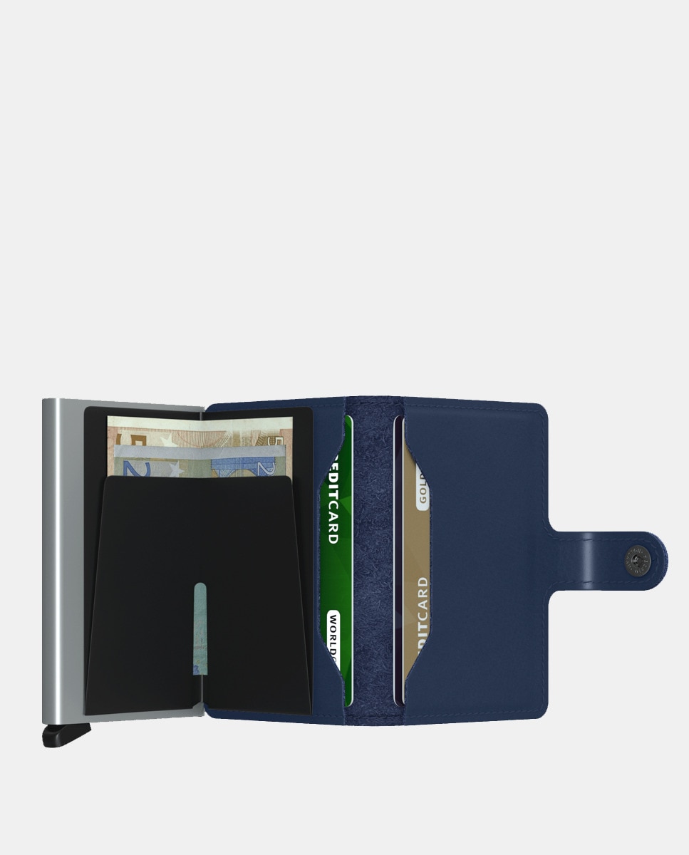 Carteira mini anti roubo em pele azul-marinho com porta-cartões adicional Azul-marinho-3