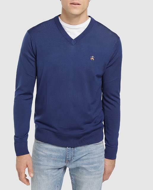 Imagen 0 de Jersey de lana de hombre azul con el cuello de pico