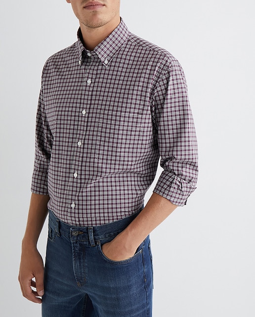 Imagen 0 de Camisa de sarga sport fácil plancha de hombre en algodón BCI classic de cuadros burdeos