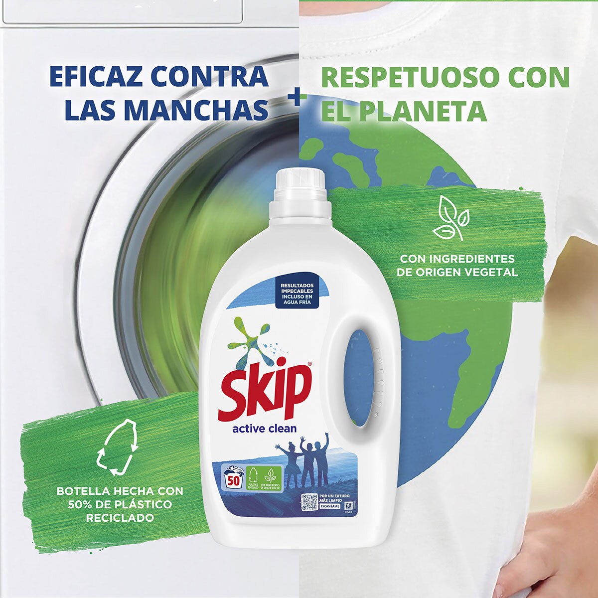 Active Clean detergente máquina líquido azul botella 50 dosis · SKIP