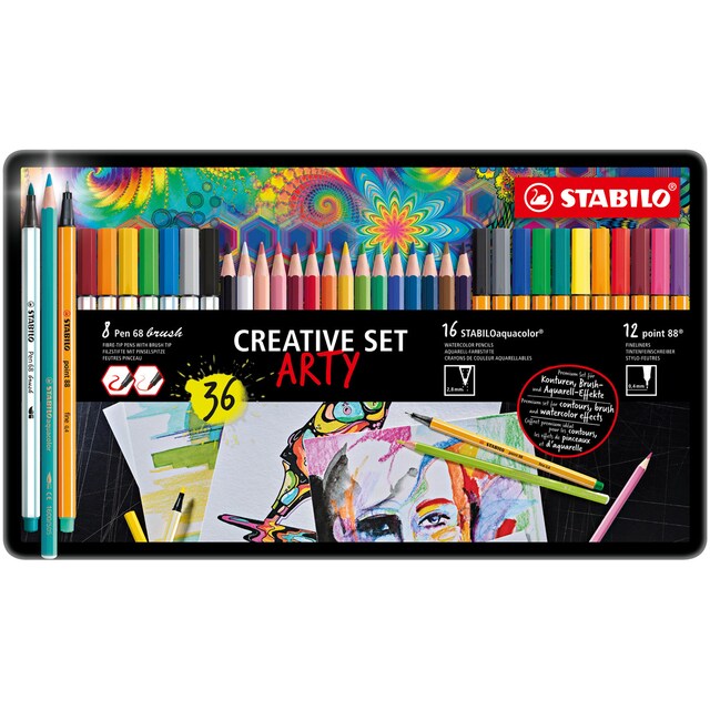 Imagen 0 de Estuche ARTY 'Creative Set' con 12 rotuladores punta fina STABILO point 88 + 8 rotuladores premium pen 68 + 12 lápices de color acuarelable aquacolor