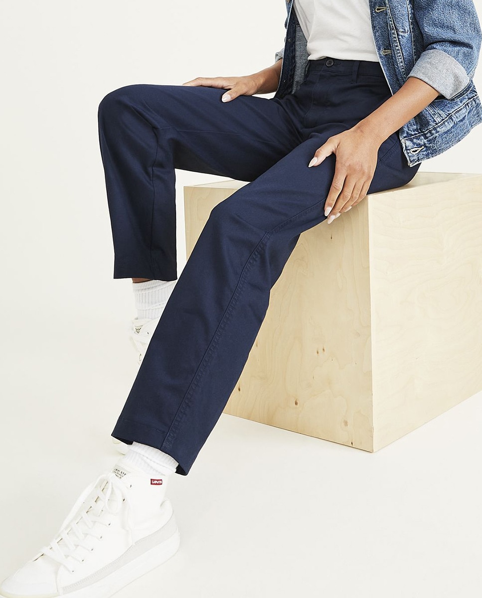 Calças Chino com Cintura Subida e Perna Larga Azul-marinho-2