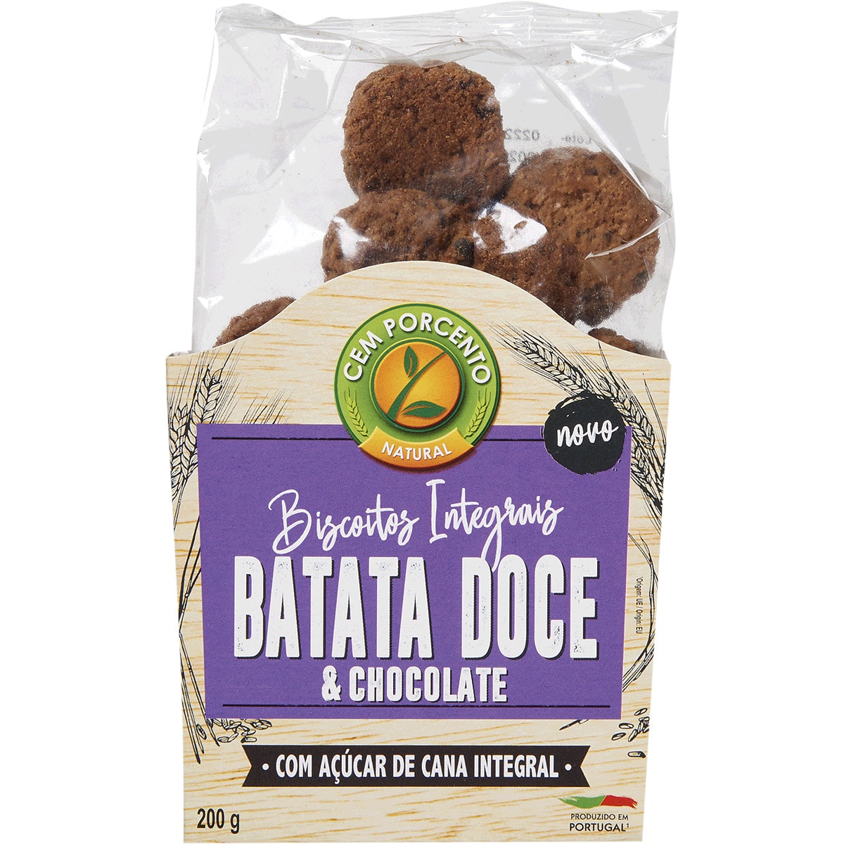 Biscoitos Integrais de Batata Doce e Chocolate embalagem 200 g