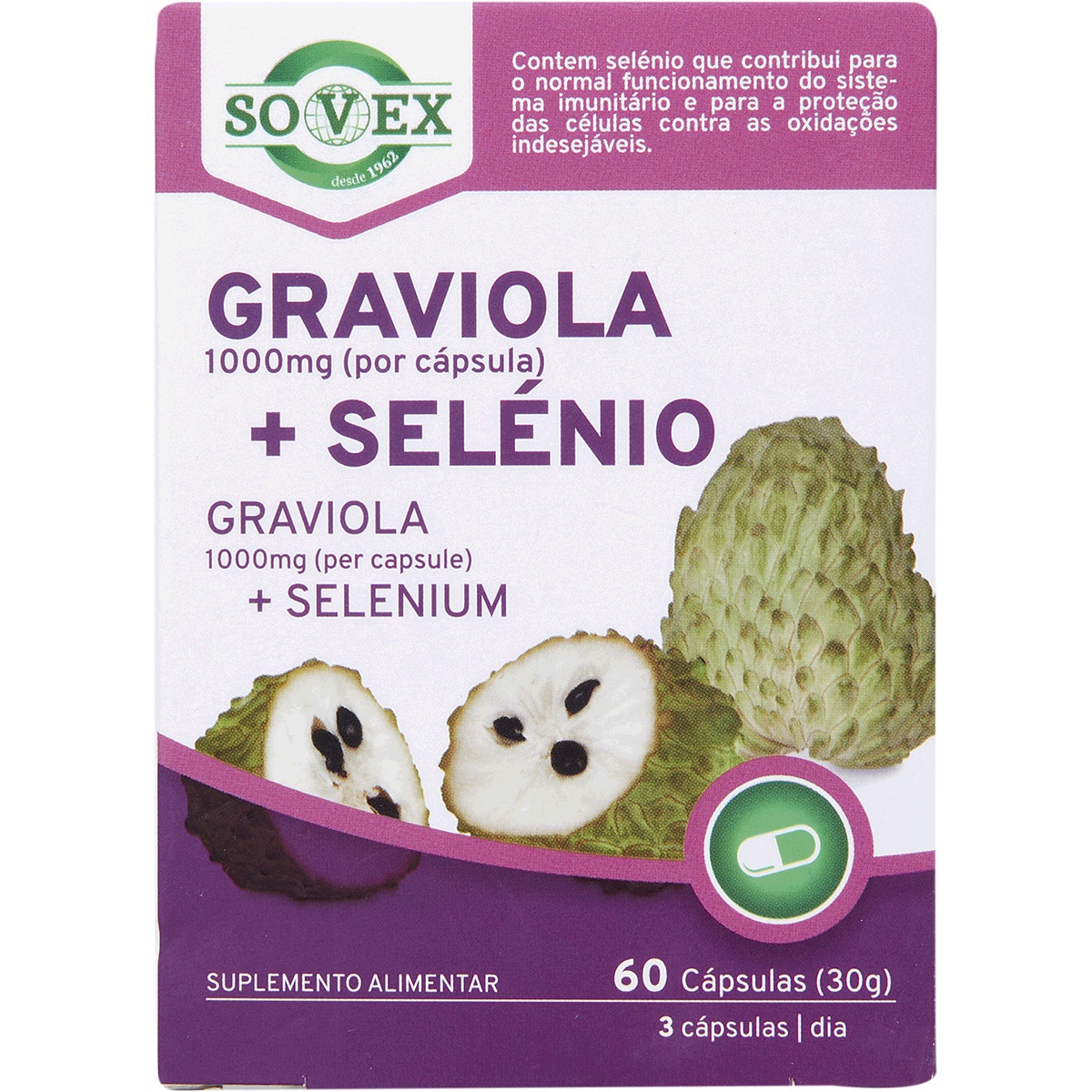Suplemento Alimentar Graviola + Selénio 1000mg embalagem 60 cápsulas
