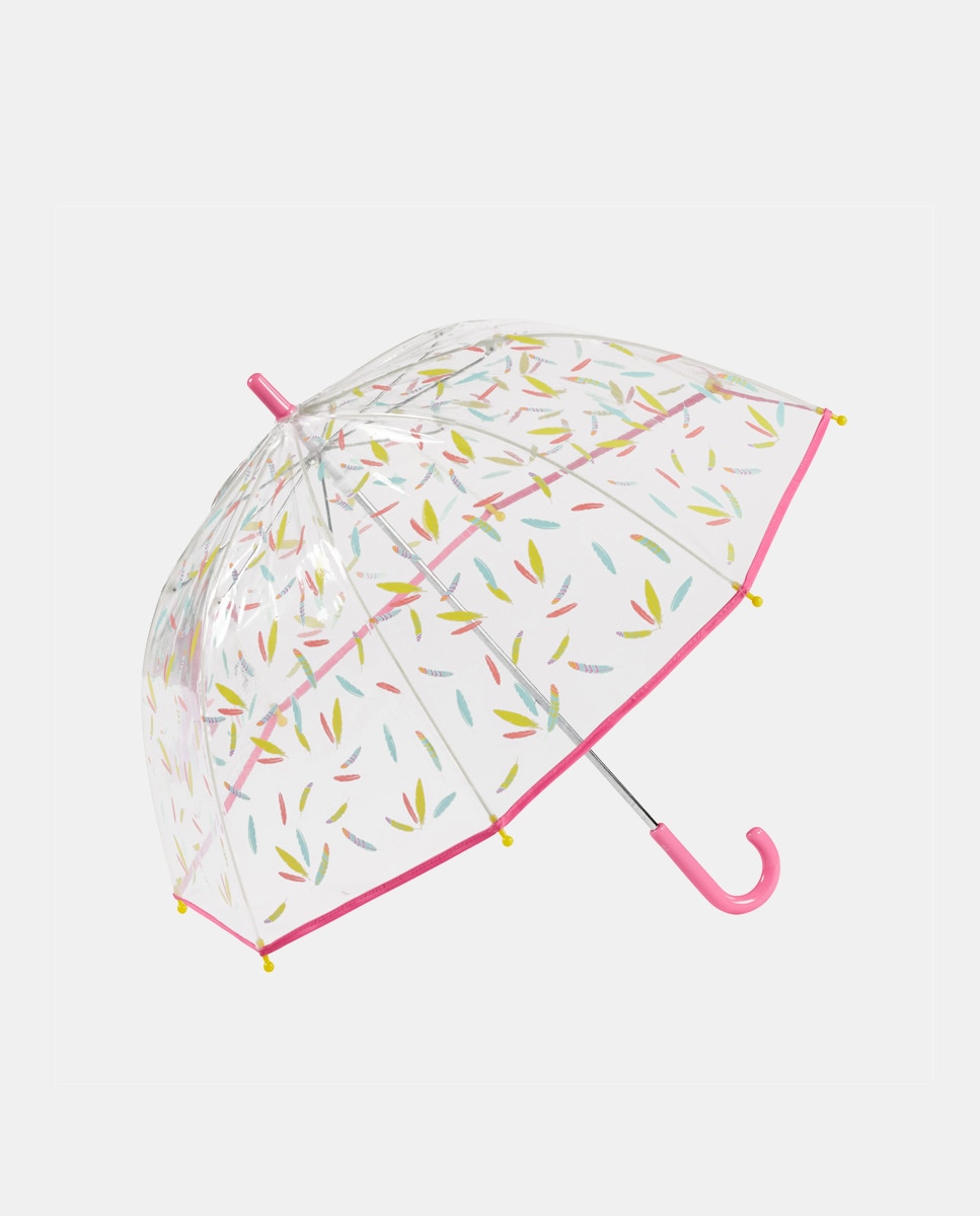 Guarda-Chuva Infantil Automático com Estampado de Penas - Transparente/Rosa Transparente-1