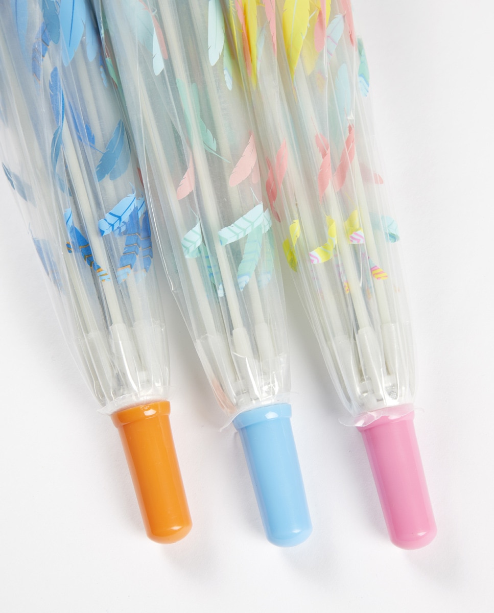 Guarda-Chuva Infantil Automático com Estampado de Penas - Transparente/Azul Transparente-5