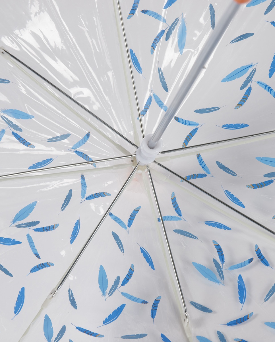 Guarda-Chuva Infantil Automático com Estampado de Penas - Transparente/Azul Transparente-2
