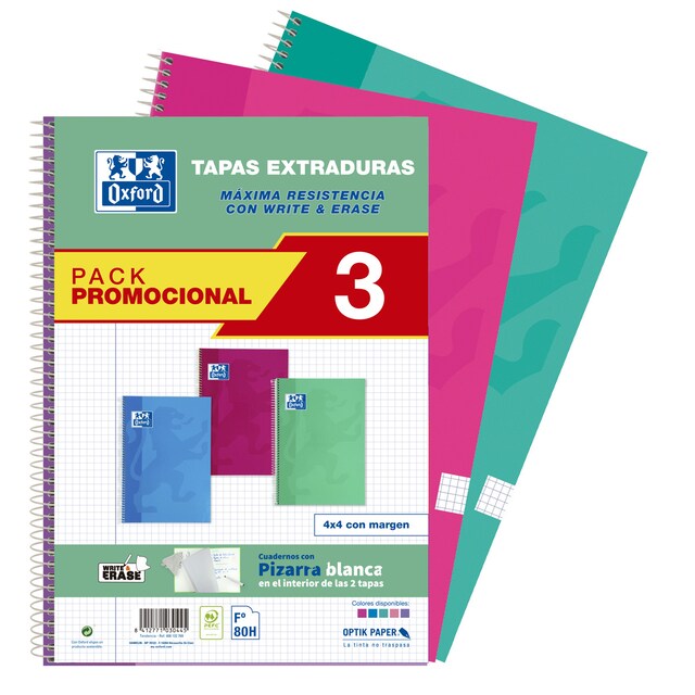 Imagem 0 de Pack de 3 Cadernos de Espiral A4 80 Folhas Capa Extra Dura White&Erase Cores Vivas