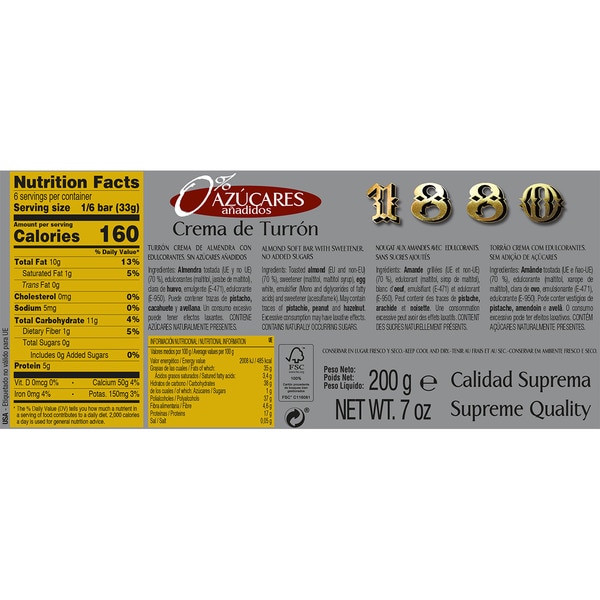 weicher Turrón 0% Zuckerzusatz glutenfrei Premiumqualität Tafel 200 g