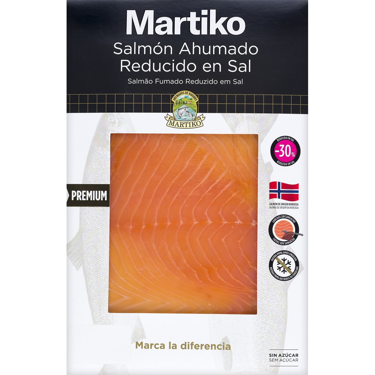 salmón ahumado noruego reducido en sal - 30% sin azúcar en lonchas envase 80 g