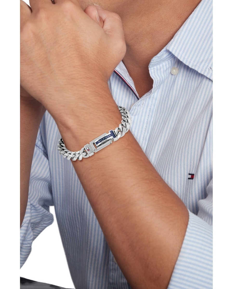 Pulseira com Logótipo e em Pele e Aço Azul-2