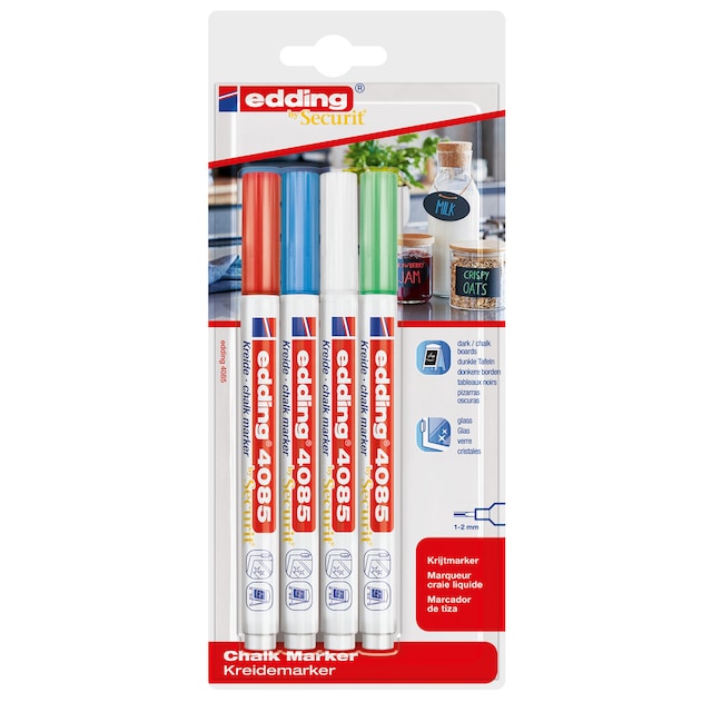 Imagen 0 de Pack 4 marcadores de tiza punta redonda 1-2 mm 4085 Edding colores básicos
