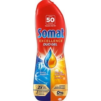 detergente lavavajillas gel  Excellence Duo Gel frescor anti-olor con vinagre botella 50 dosis - Somat