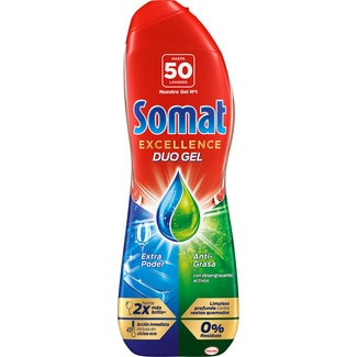 detergente lavavajillas gel Excellence Duo Gel  anti-grasa con desengrasantes activos botella 50 dosis - Somat