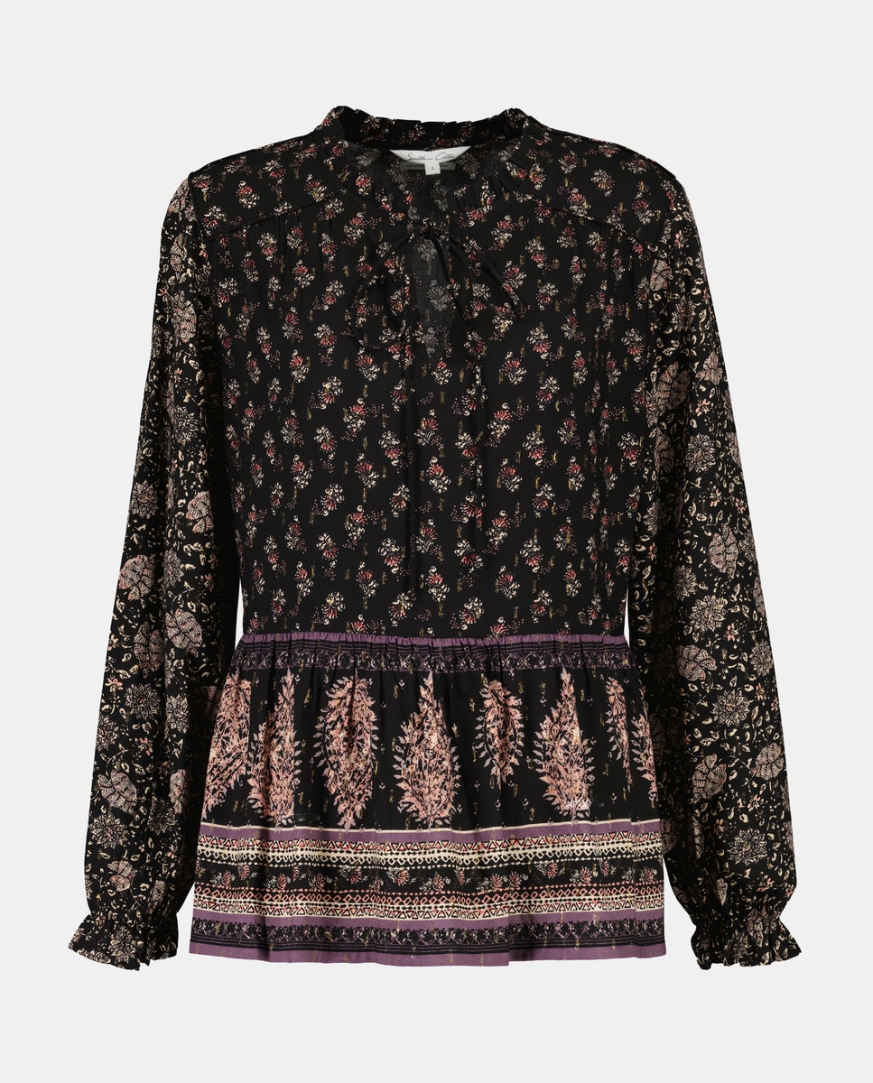 Blusa estampada de mulher com manga comprida Preto-4