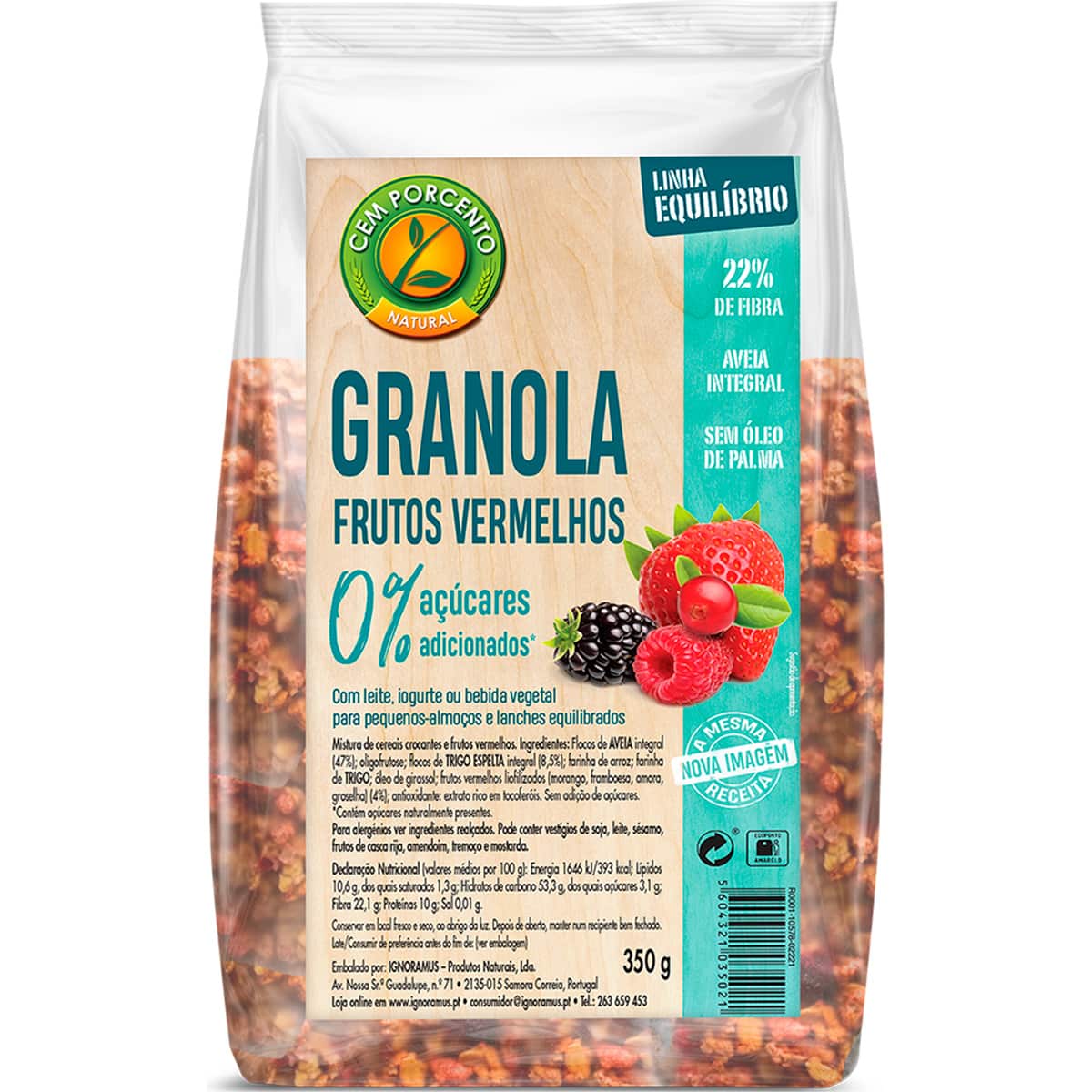 Granola Frutos Vermelhos sem Açúcar embalagem 350 g