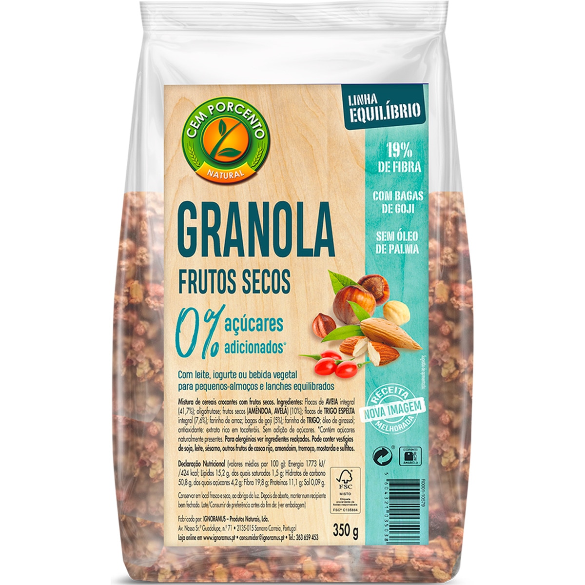 Granola Frutos Secos e Sementes sem Açúcar embalagem 350 g