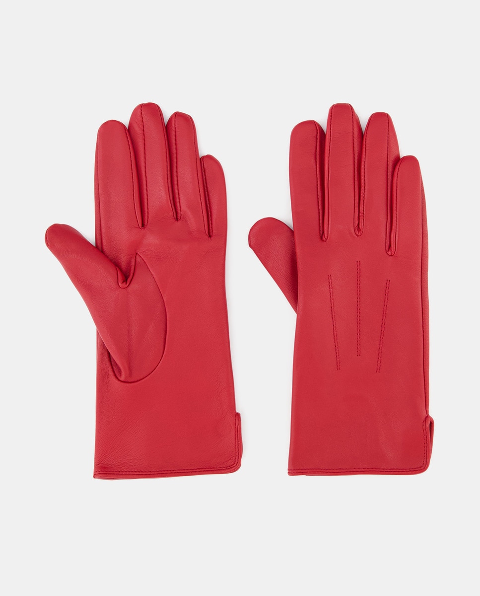 Luvas Clássicas Carla com Três Remendos e em Pele - Vermelho Vermelho-1
