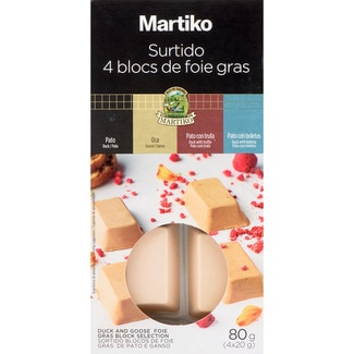 surtido 4 bloc de foie gras de pato + oca + pato con trufa + pato con boletus pack 4x20 g envase 80 g sin gluten - Martiko