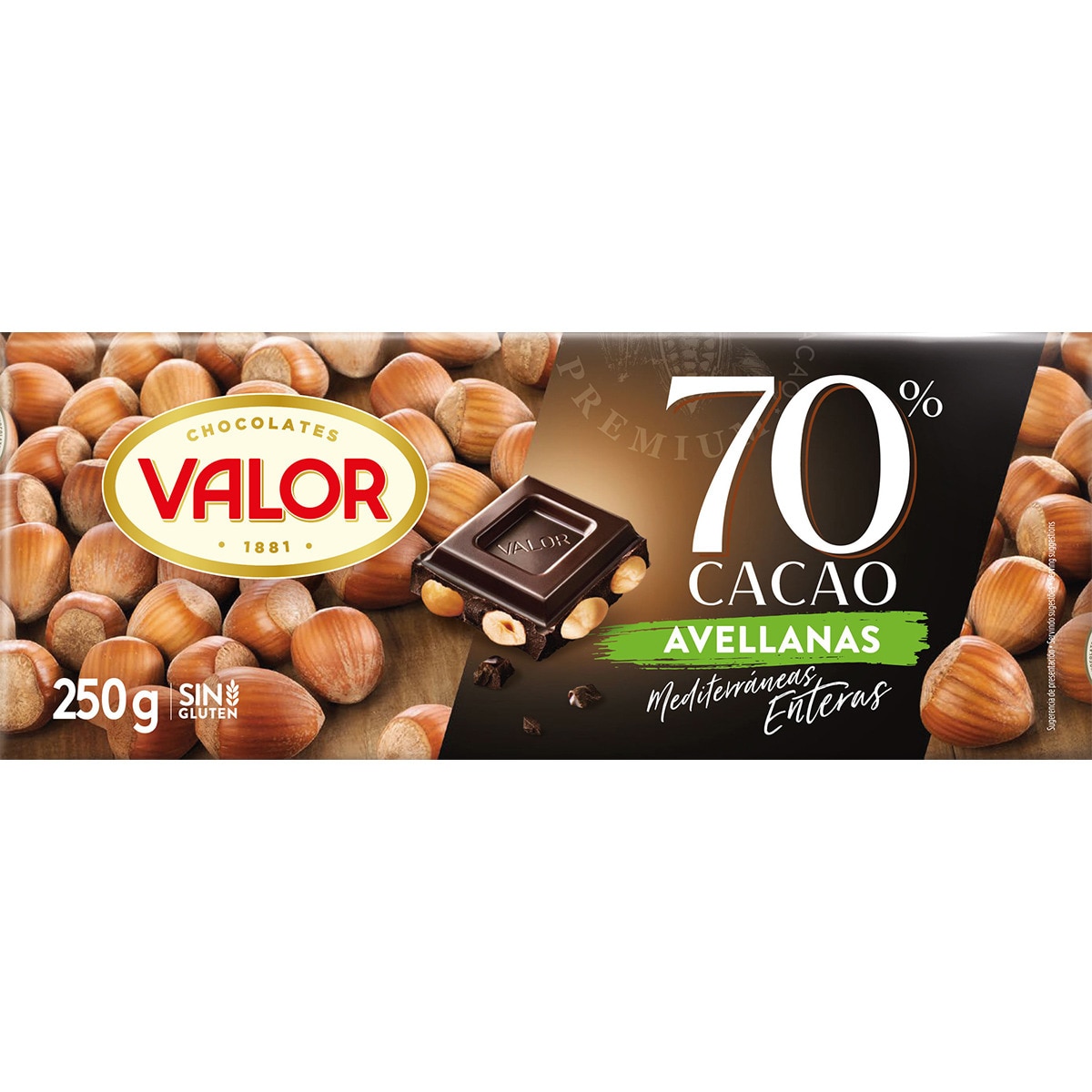 chocolate negro 70% con avellanas mediterráneas enteras y sin gluten tableta 250 g