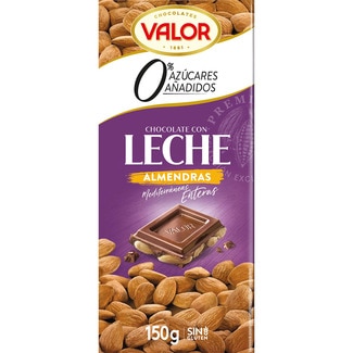 chocolate con leche y almendras mediterráneas enteras 0% azúcares añadidos y sin gluten tableta 150 g - Valor