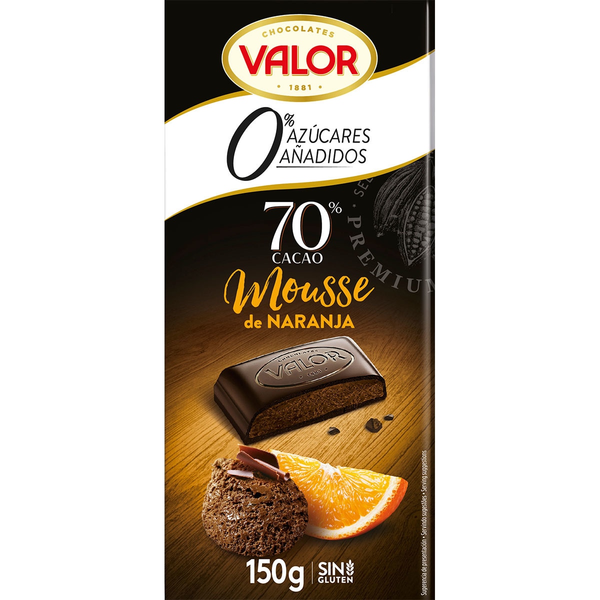 chocolate negro 70% con mousse de naranja 0% azúcares añadidos y sin gluten tableta 150 g