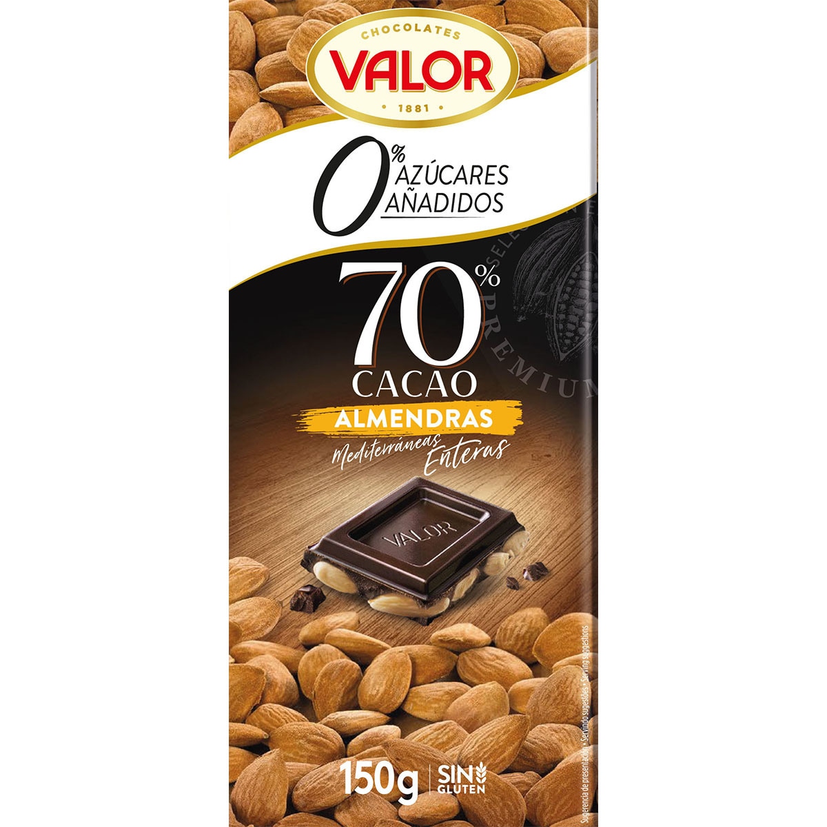 chocolate negro 70% con almendras mediterráneas enteras 0% azúcares añadidos y sin gluten tableta 150 g