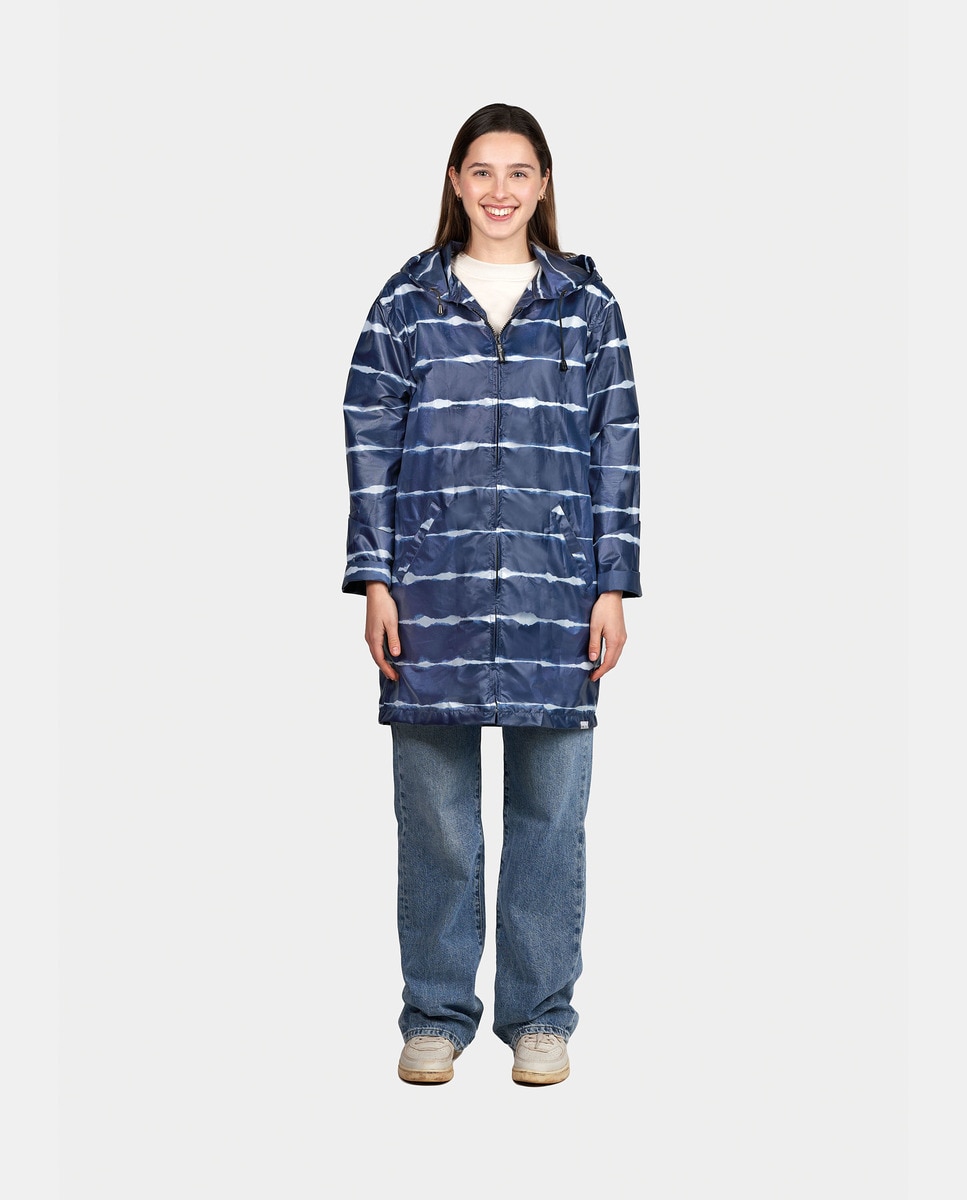 Impermeável com Estampado às Riscas e em Tecido Reciclado - Azul-Marinho Azul-1
