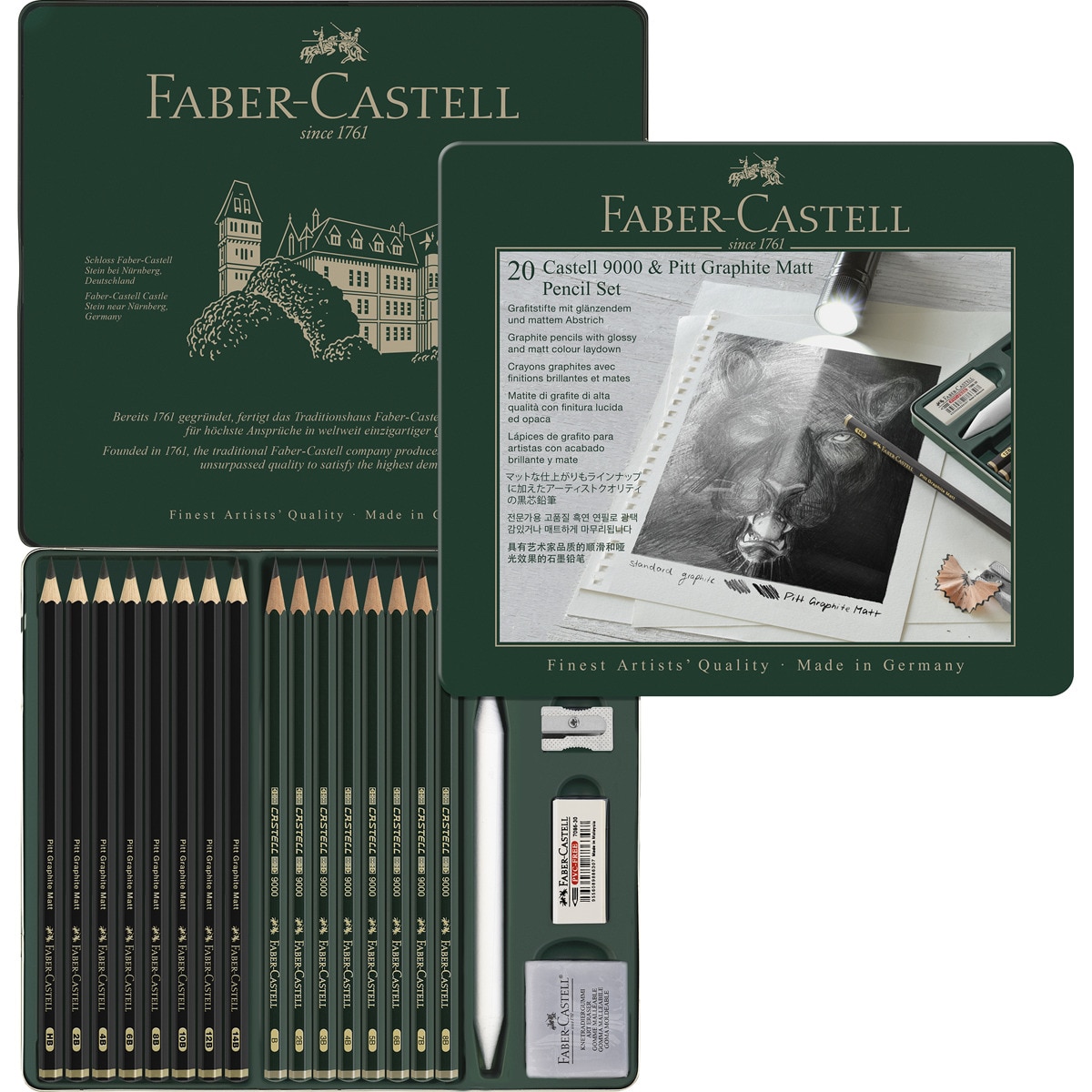 Caja de metal 8 lápices Pitt Graphite Matt + 8 lápices 9000 + 1 difumino + 1 goma + 1 goma moldeable + 1 afilalápices Faber-Castell Negro-4