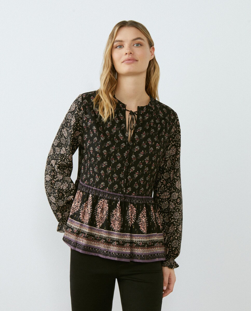 Blusa estampada de mulher com manga comprida Preto-2