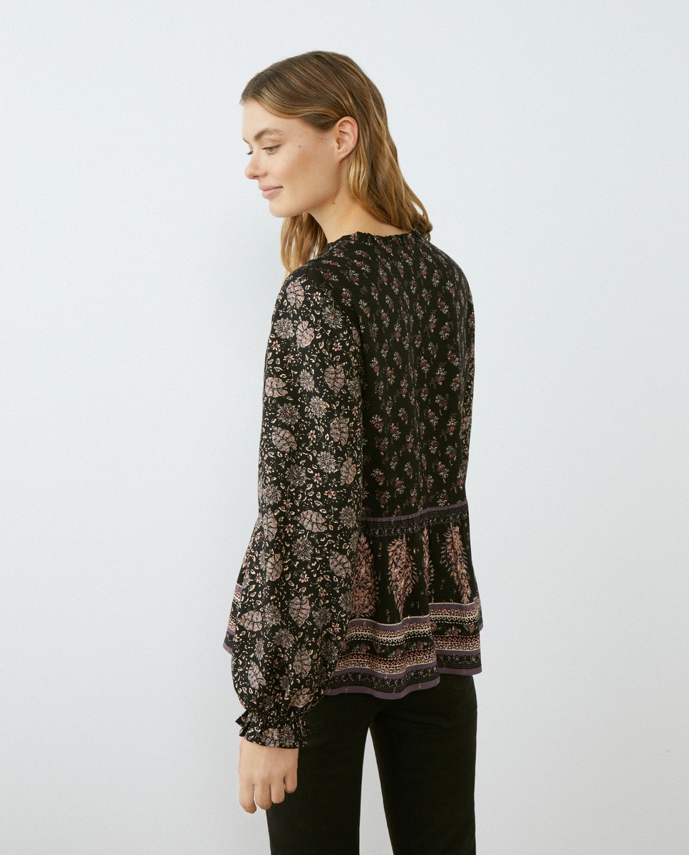 Blusa estampada de mulher com manga comprida Preto-6