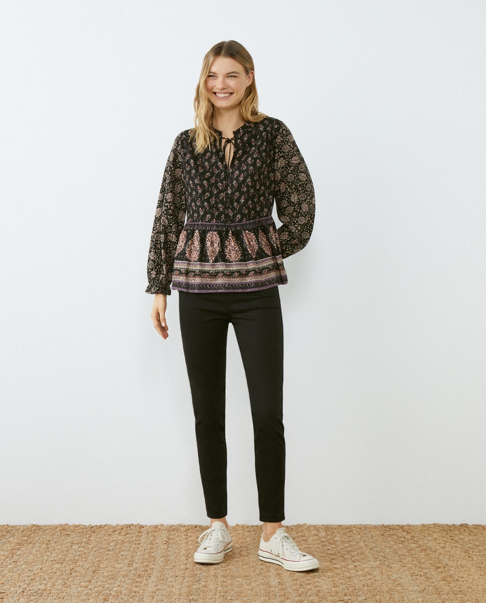 Blusa estampada de mulher com manga comprida Preto-3