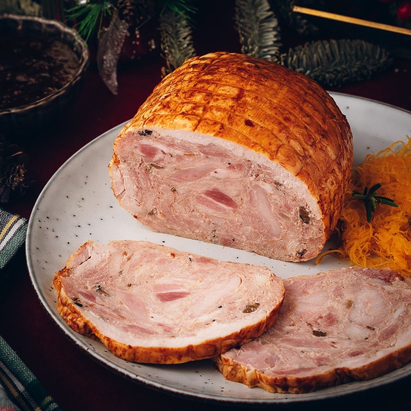 Brathähnchen mit Füllung aus Steinpilzen, Enten-Mousse und Trüffeln Behälter 1,3 kg mit Bratensauce 6 Portionen