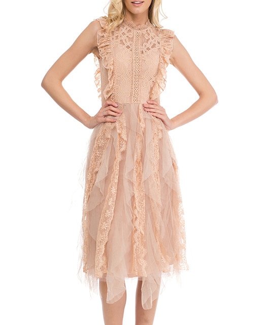 Imagen 0 de Vestido midi de encaje sin mangas con detalle de tul y volantes. Cremallera en la espalda