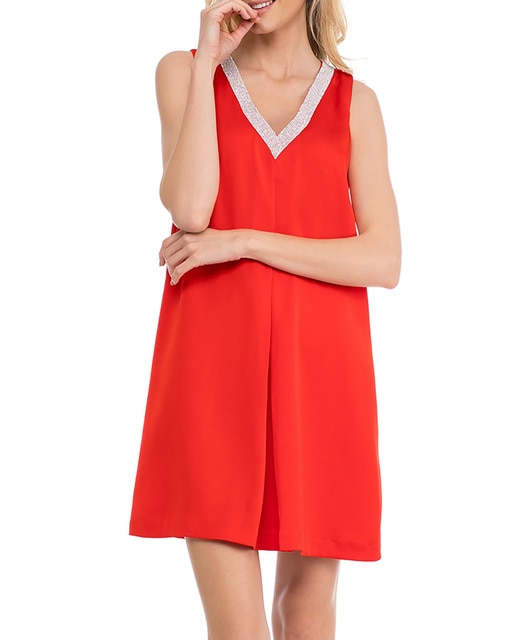 Imagen 0 de Vestido holgado sin mangas de cuello pico con pedrería