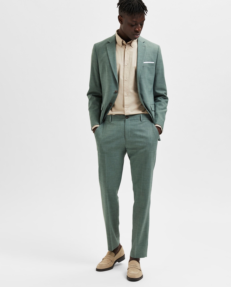 Calças de Fato Slim Fit de Linho Verde Água-7