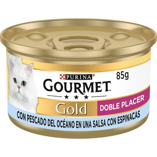 Gold Doble Placer comida húmeda para gatos con pescado en salsa y espinacas lata 85 g - Gourmet