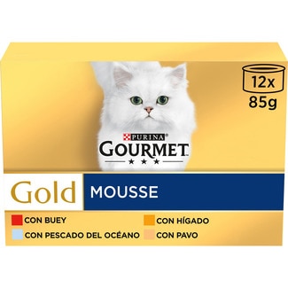Gold mousse comida húmeda para gatos con buey 3 latas 85 g con pescado del océano 3 latas 85 g con hígado 3 latas 85 g con pavo 3 latas 85 g - Gourmet