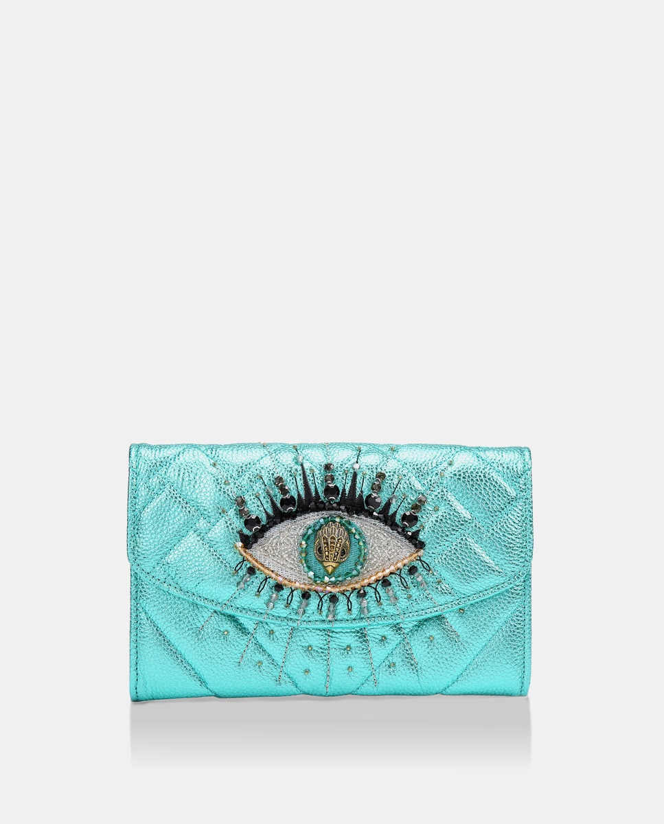 Portefeuille turquoise matelassé avec motif ?il