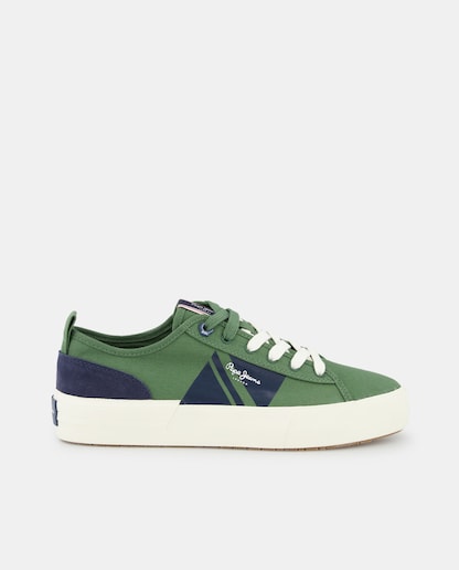 Imagen 0 de Zapatillas de hombre en verde bajas tipo casco de lona con logotipo lateral y detalles multicolor