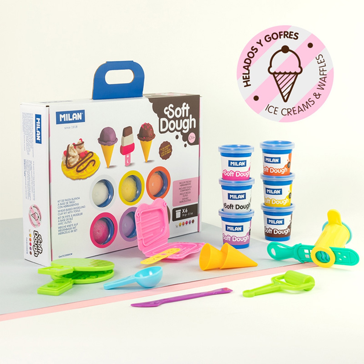 Maletín 6 botes de pasta blanda 59 g Soft Dough con herramientas Helados y gofres MILAN multicolor Multicolor-6