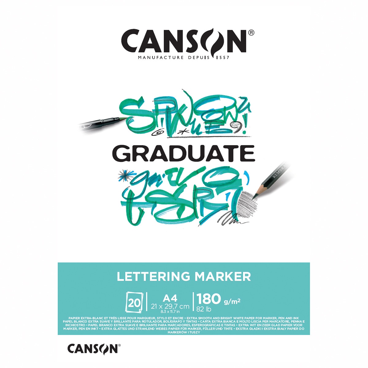 Bloco Colado 21x29,7 20 Folhas 180 g Graduate Lettering Marcador Cetim Branco brilho-1